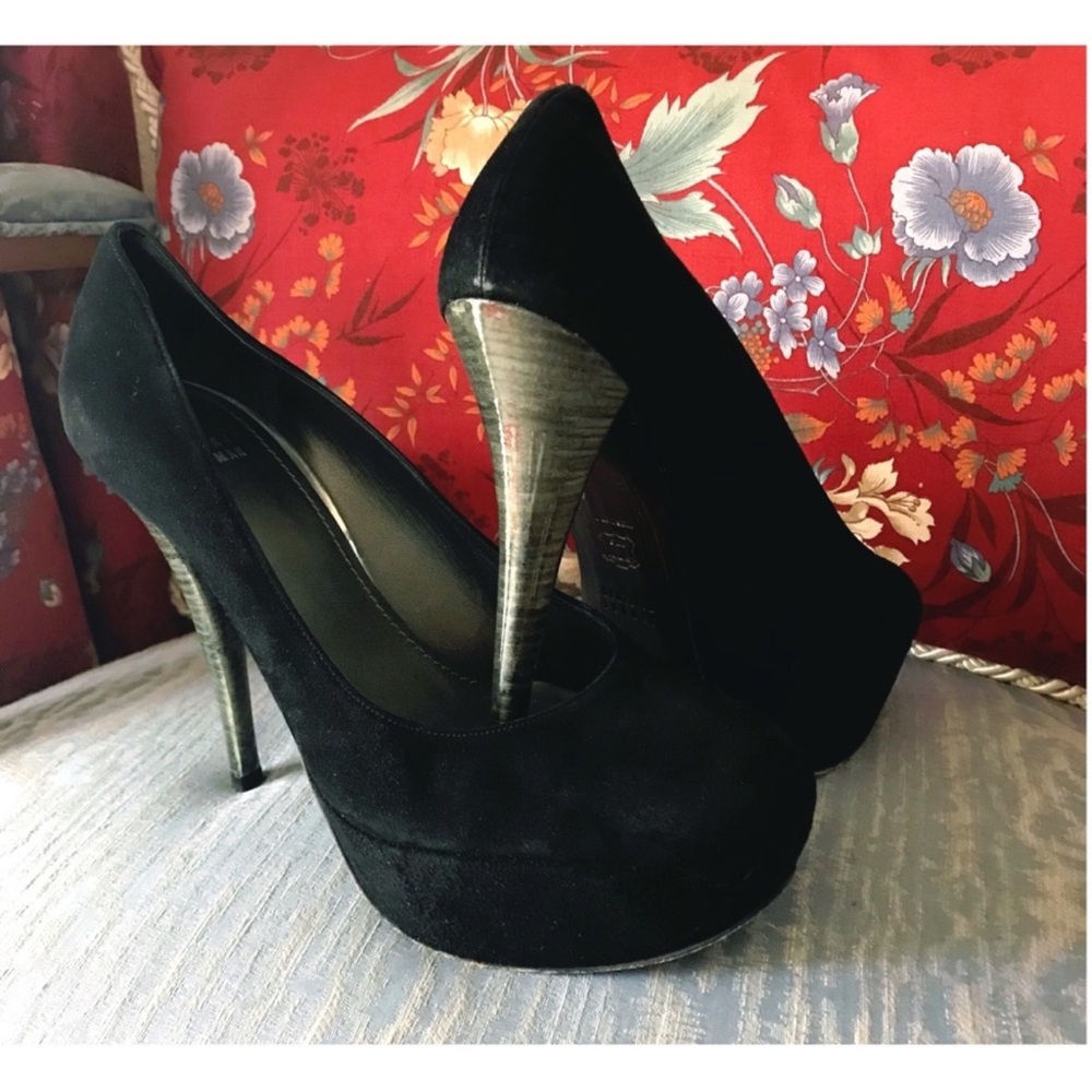 Stuart Weitzman Black Suede & Green Wooden  Platform Heels GORGEOUS!